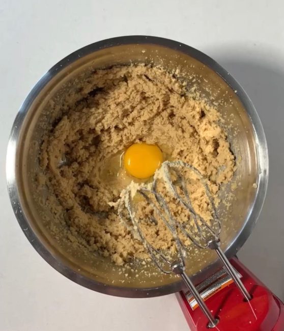 Butter, sugars, and egg in mixing bowl