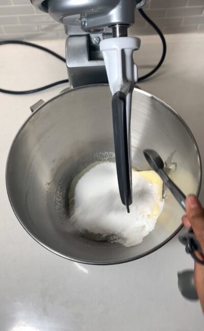 Butter, oil, sugar, baking soda, baking powder and salt in bowl of an electric mixer (prior to mixing)
