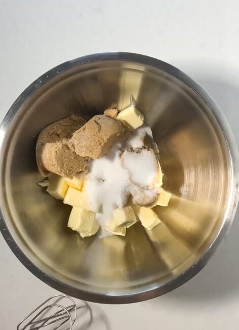Softened butter, granulated sugar, and brown sugar in a large mixing bowl