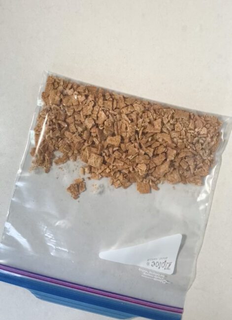 Crushed Cinnamon Toast Crunch cereal in a large zipper bag 