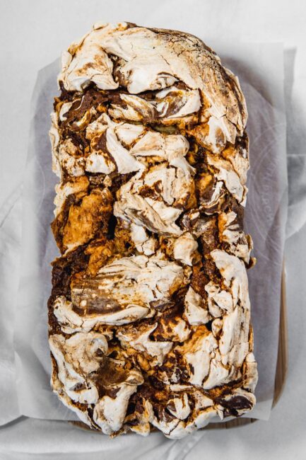Pumpkin spice tea cake with marbled meringue topping