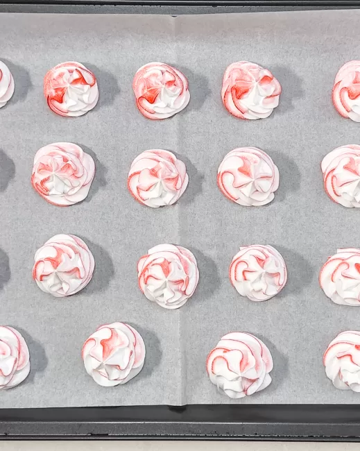 top view of piped peppermint meringues