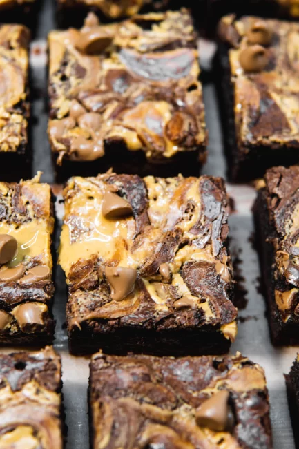peanut butter cup brownies cut into squares