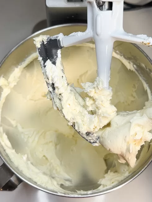 mixed butter and powdered sugar in stand mixer 