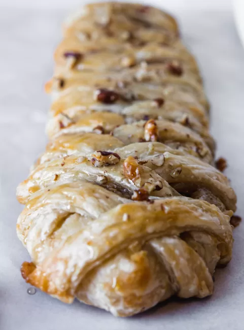 side view of Maple Pecan Pastry Braid fully intact 