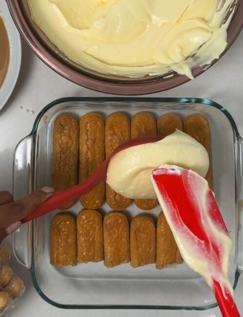 adding cream layer over lady fingers