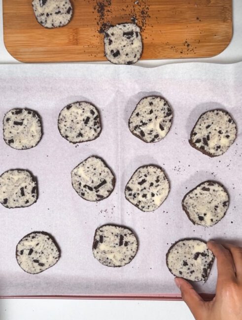 Cookies and Cream Shortbread cookie dough placed on a baking tray before baking